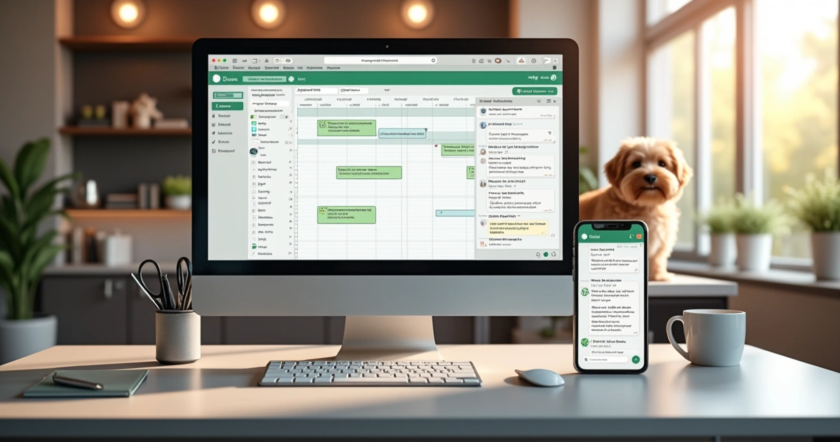 Tela de computador mostrando sistema digital de agendamento para petshop com gráficos e mensagens automáticas 