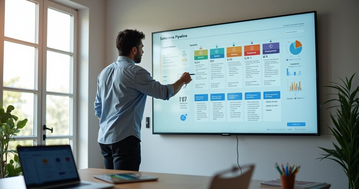 Gestor de agência analisando pipeline de vendas em painel visual com etapas organizadas 