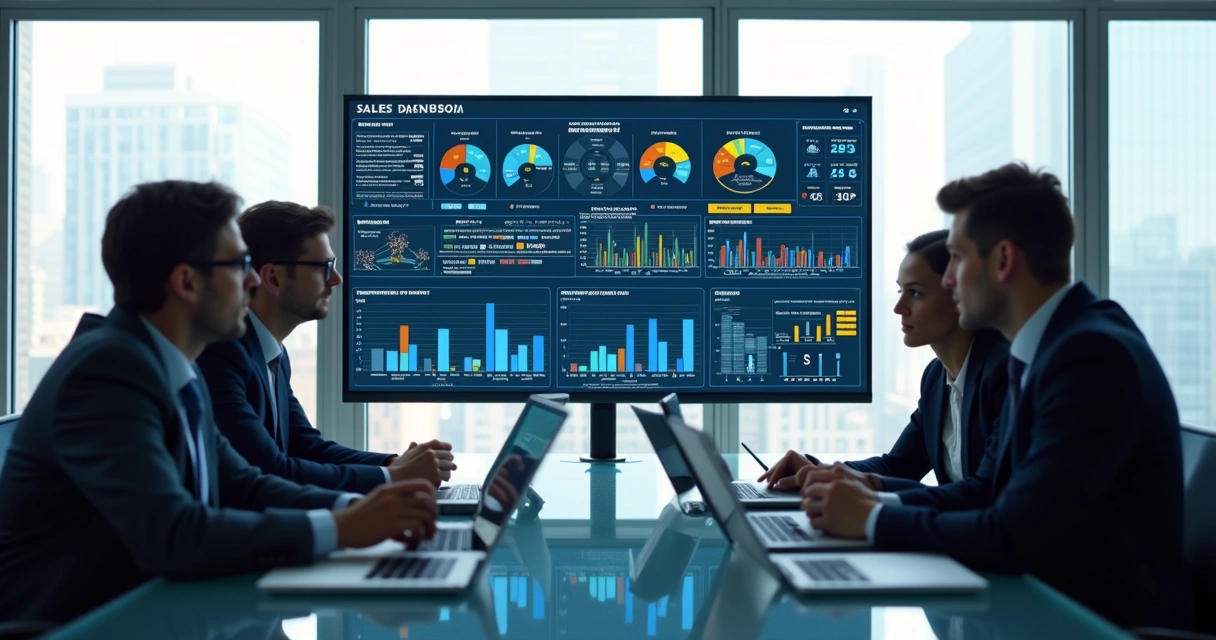 Equipe de vendas analisando pipeline integrado em tela digital com gráficos e alertas de oportunidades 