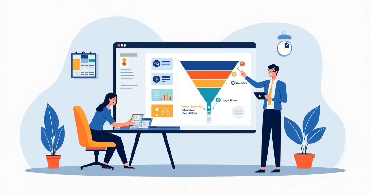 Gestor analisando pipeline de vendas em painel com funil e oportunidades 