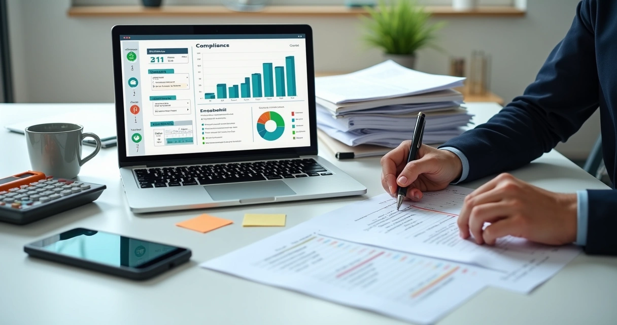 Profissional organizando documentos fiscais e relatórios em um notebook 