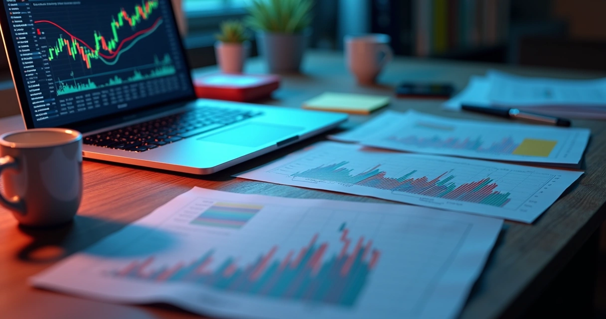 Mesa de escritório com papéis e gráficos financeiros e um laptop abertos 