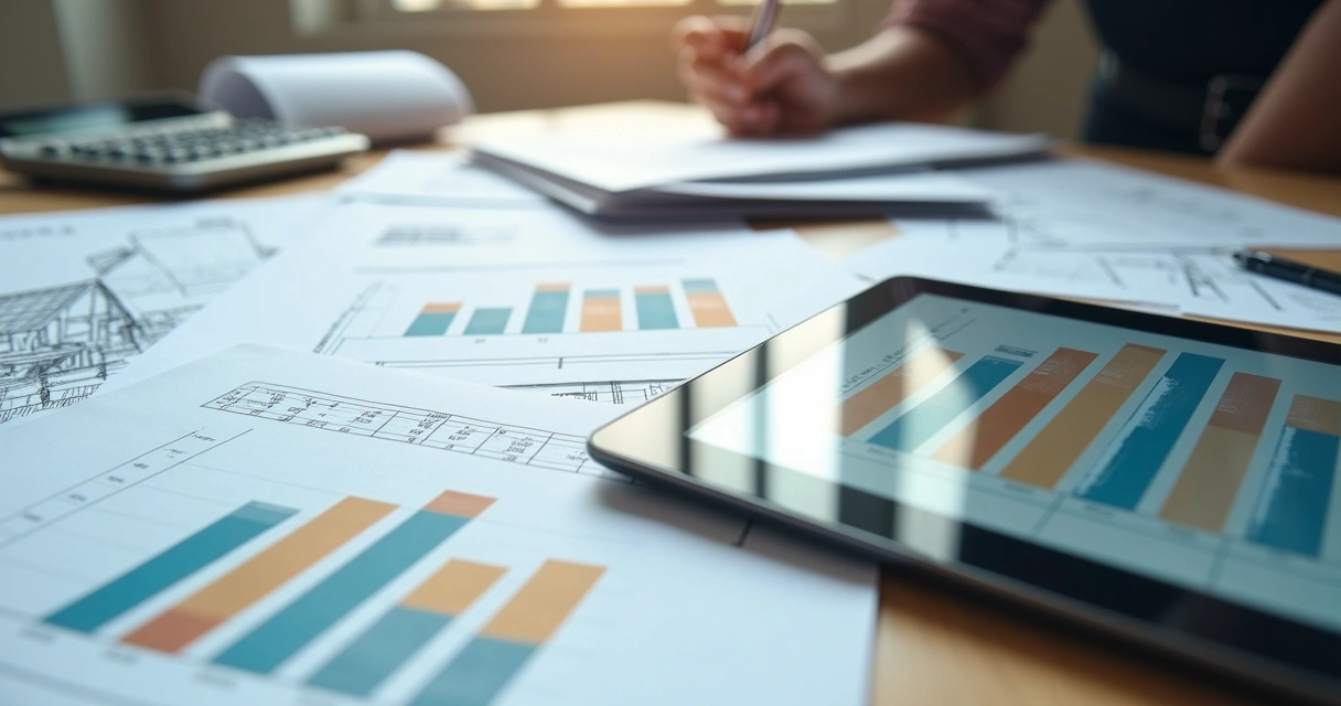 Mesa com documentos fiscais, calculadora e tablet mostrando gráficos de planejamento de obra 