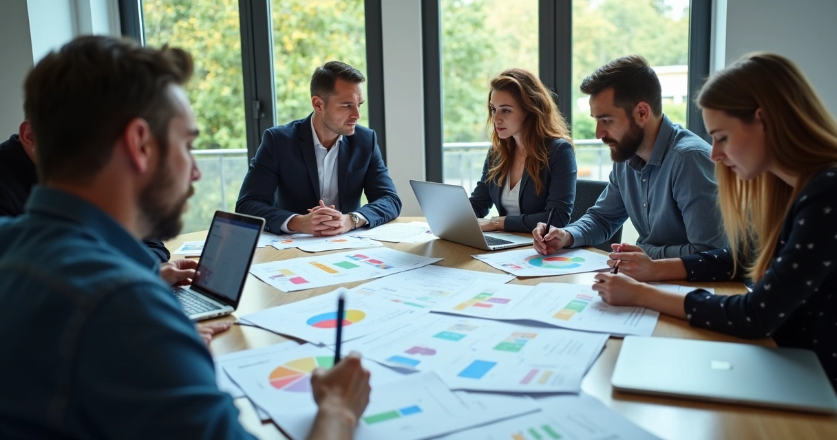 Equipe analisando dados dispersos em diversas planilhas de vendas 