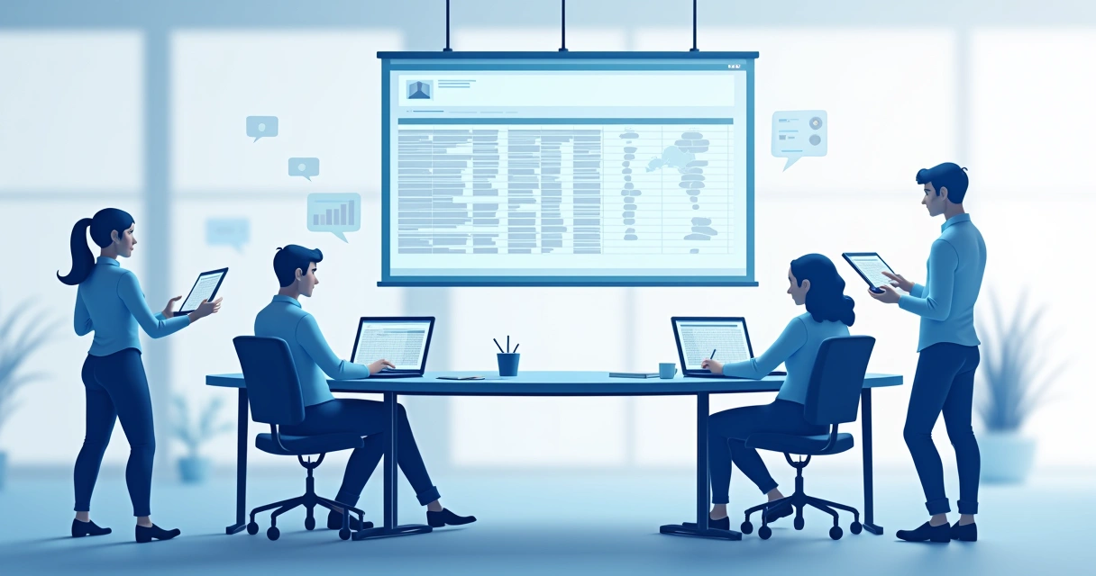 Equipe reunida em sala de reunião, alguns usando notebooks enquanto outros anotam em papel