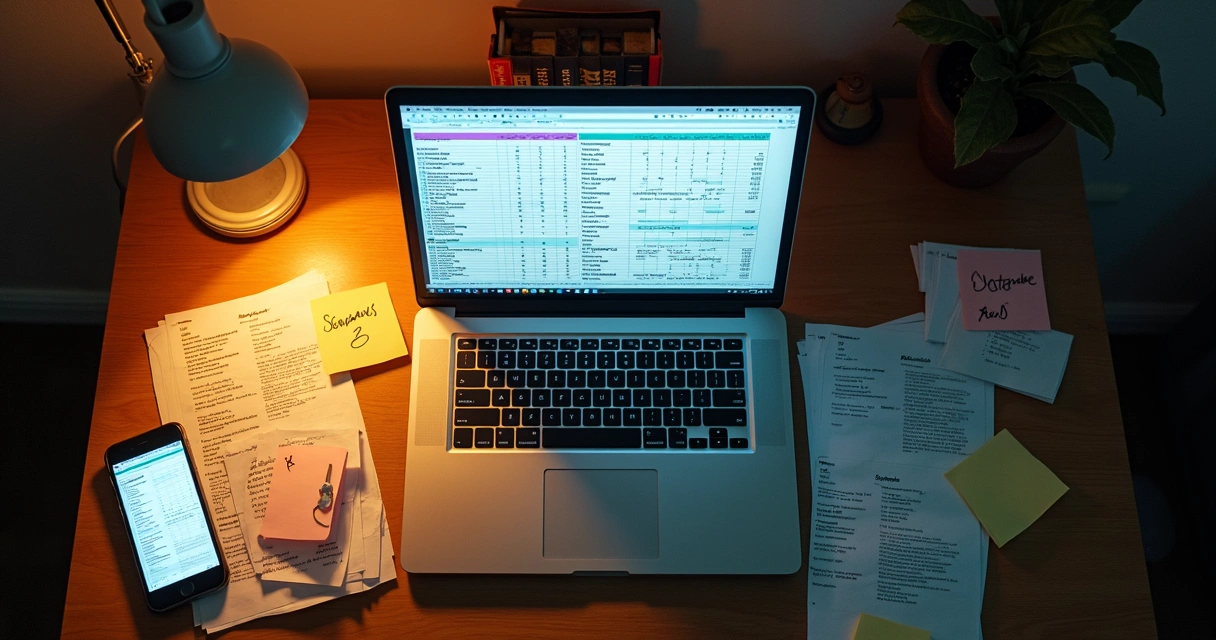 Planilha online aberta com várias abas confusas e anotações soltas ao lado 