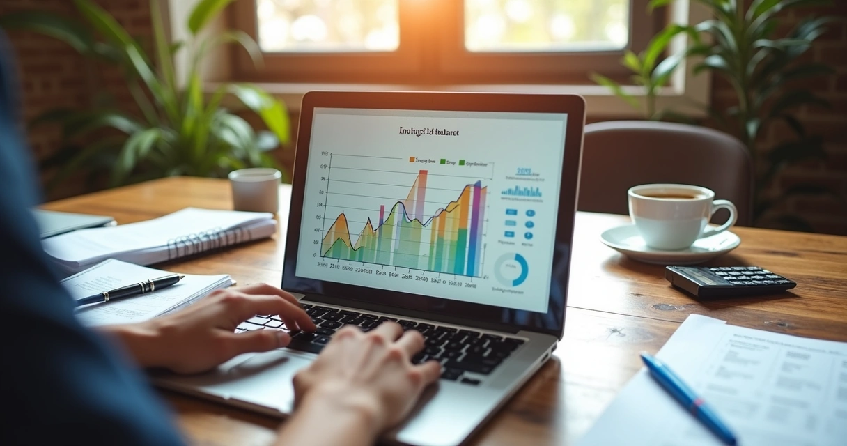 Gestor revisando plano de contas em um laptop com gráficos coloridos e documentos financeiros sobre a mesa 