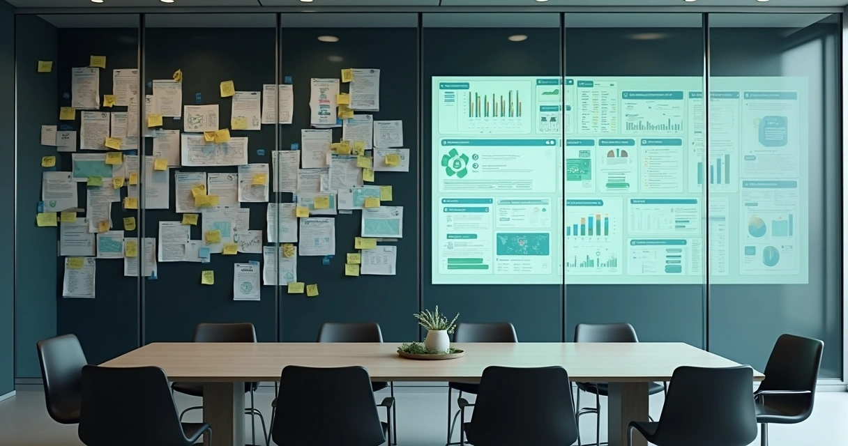 Conceito visual de gestão estruturada de planos high ticket na nutrição com contraste entre caos e processo organizado 