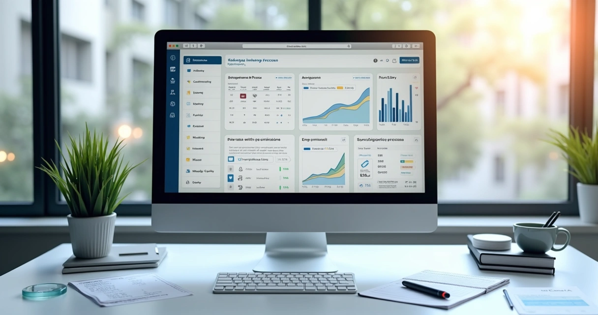 Painel de gestão digital com dashboard de recebíveis em várias moedas. 