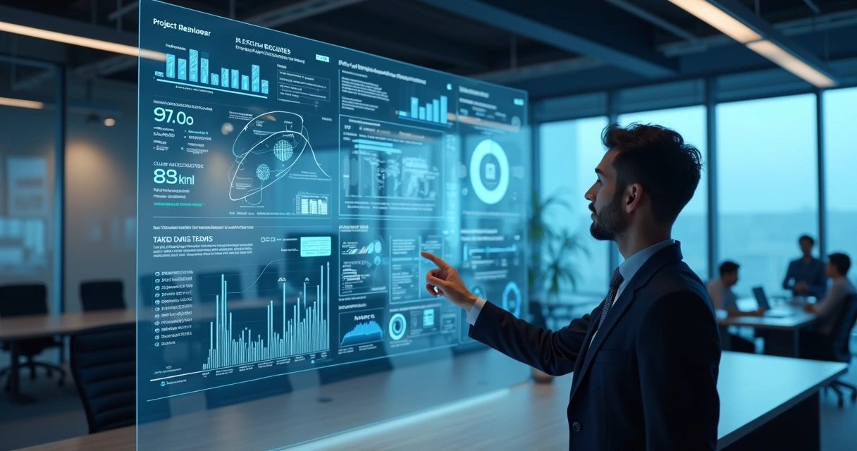 Profissional de gestão de projetos usando inteligência artificial em monitoramento de tela digital com gráficos e fluxos de trabalho 