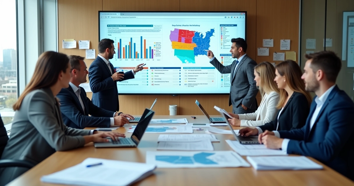 Equipe política analisando dados eleitorais em reunião estratégica 