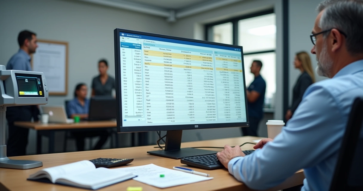 Gestor conferindo cálculo de horas em sistema de ponto digital no escritório 