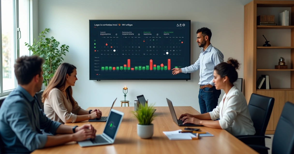 Gestor observando telão com erros e acertos no registro de ponto digital da equipe 