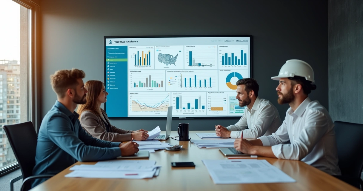 Equipe de construtora analisando um dashboard em pós-obra 