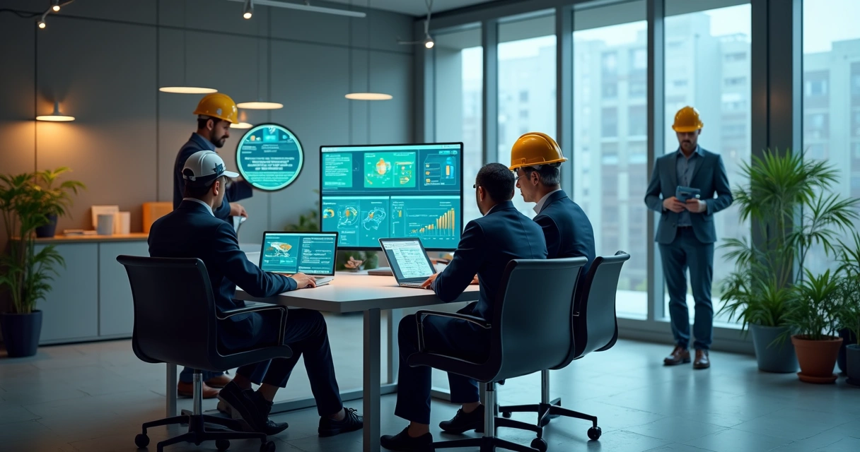 Gestão digital pós-obra em construtora, pessoas analisando dados na tela 