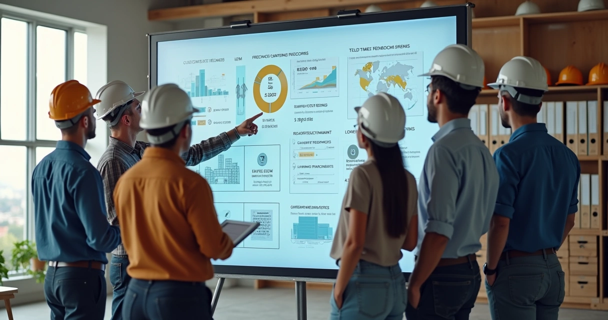 Equipe de construção civil analisando dados de satisfação em tela digital 