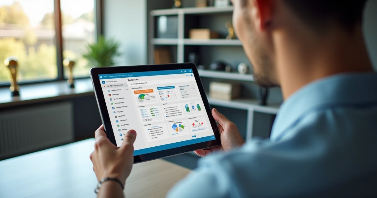 Pessoa usando tablet com sistema de gestão para escolas de futebol em ambiente de escritório moderno 