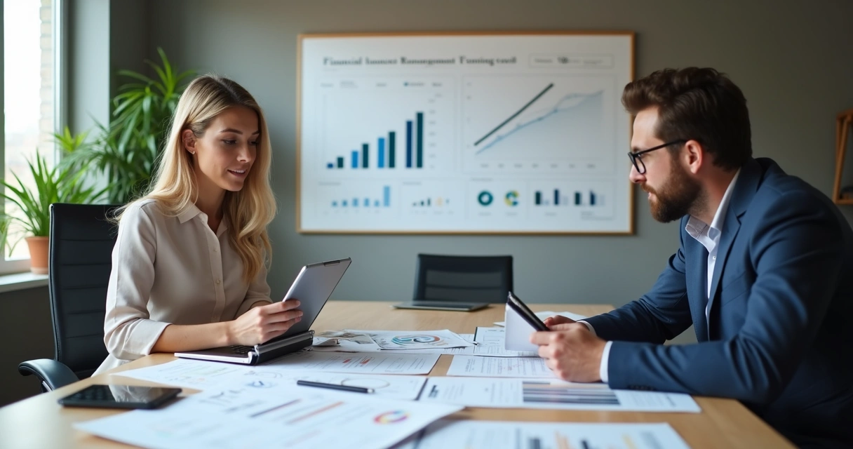 Sócios de BPO revisando gestão financeira na sala de reuniões 