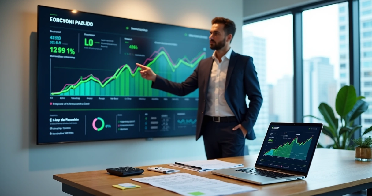 Gestor analisando prazo médio de recebimento com gráficos de fluxo de caixa em tela grande 