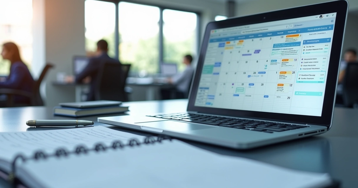 Mesa de escritório com calendário aberto, laptop exibindo alertas de prazo e anotações organizadas em planner 