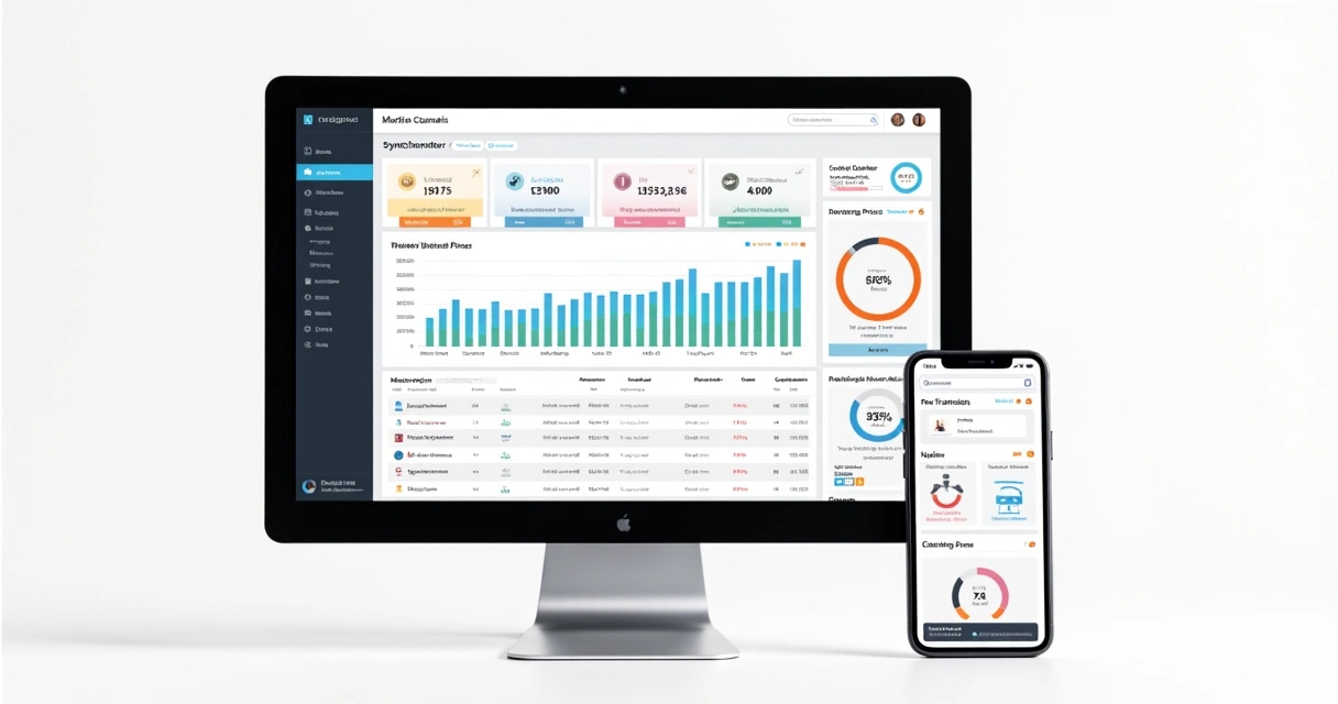 Dashboard com gráficos de preços multicanais em telas de computador e smartphone