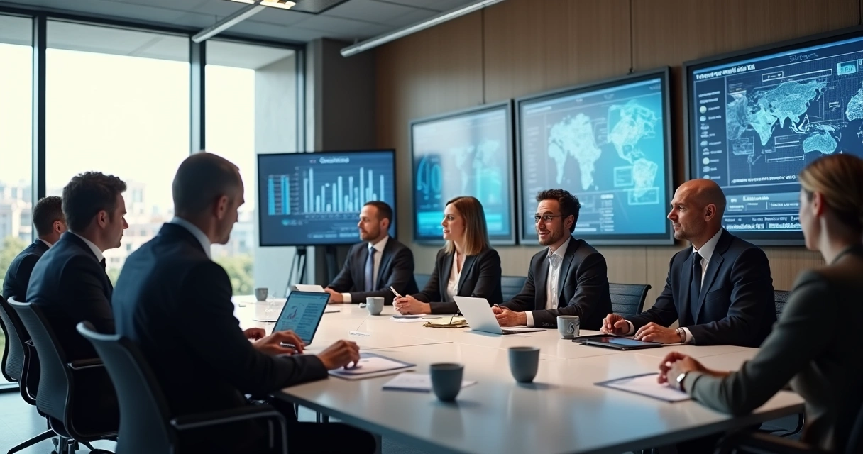 Prefeito e equipe reúnem-se em sala de reuniões em frente a telas com gráficos de gestão municipal. 