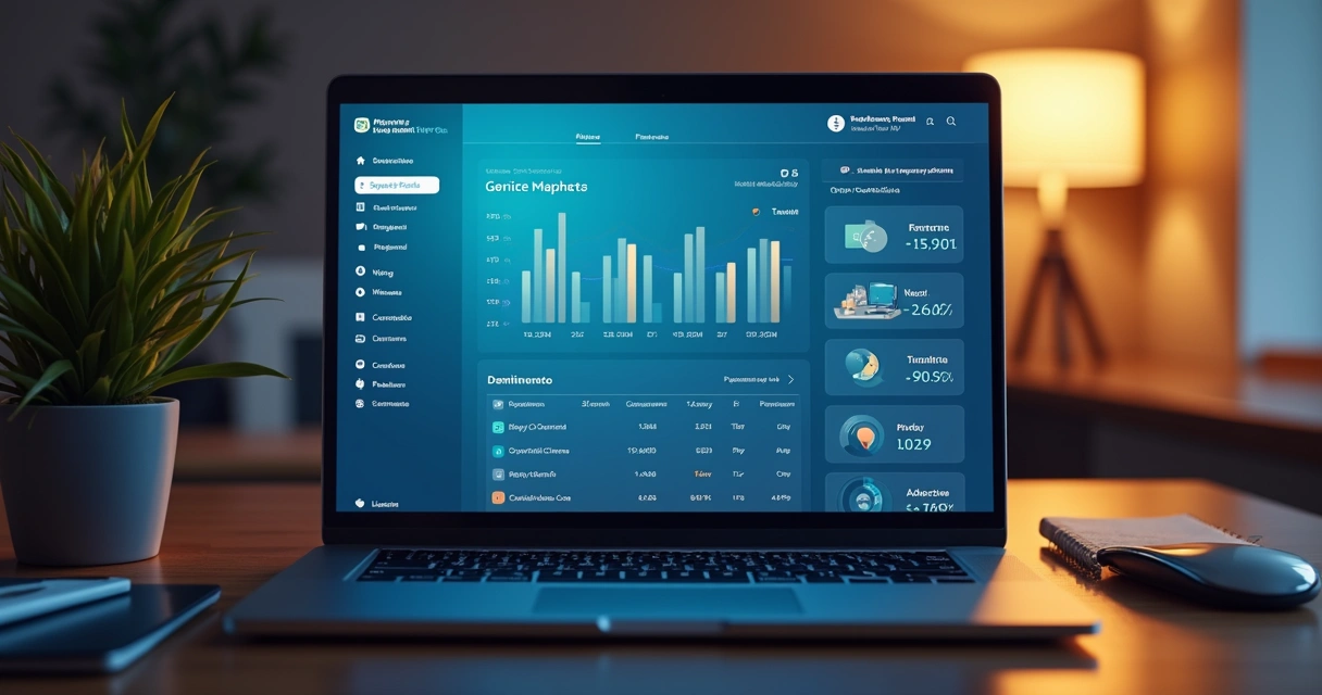 Mesa de trabalho com laptop exibindo dashboard de transações financeiras e alertas de chargeback, com certificado de segurança ao lado, em ambiente de escritório moderno e bem iluminado 
