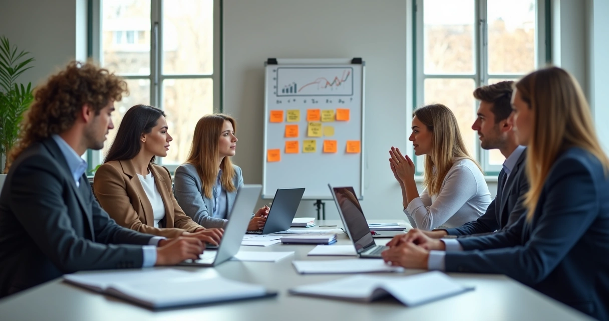Equipe de imobiliária trabalhando em frente a notebooks organizados na mesa 