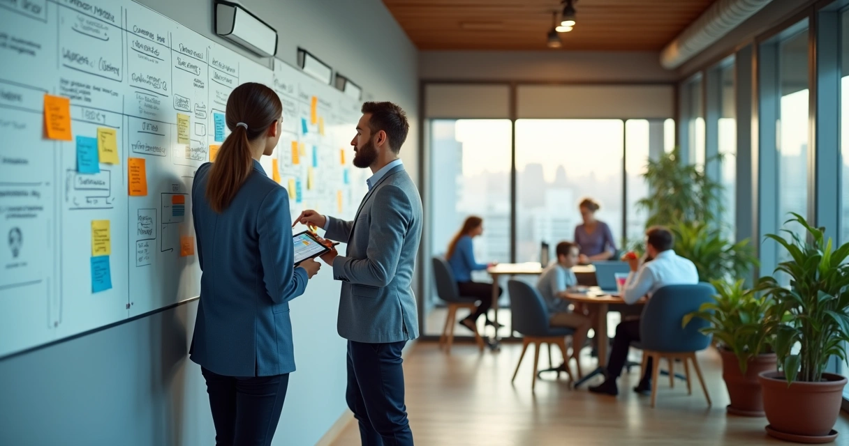 Gestores organizam quadro de processos com equipe descansada ao fundo 