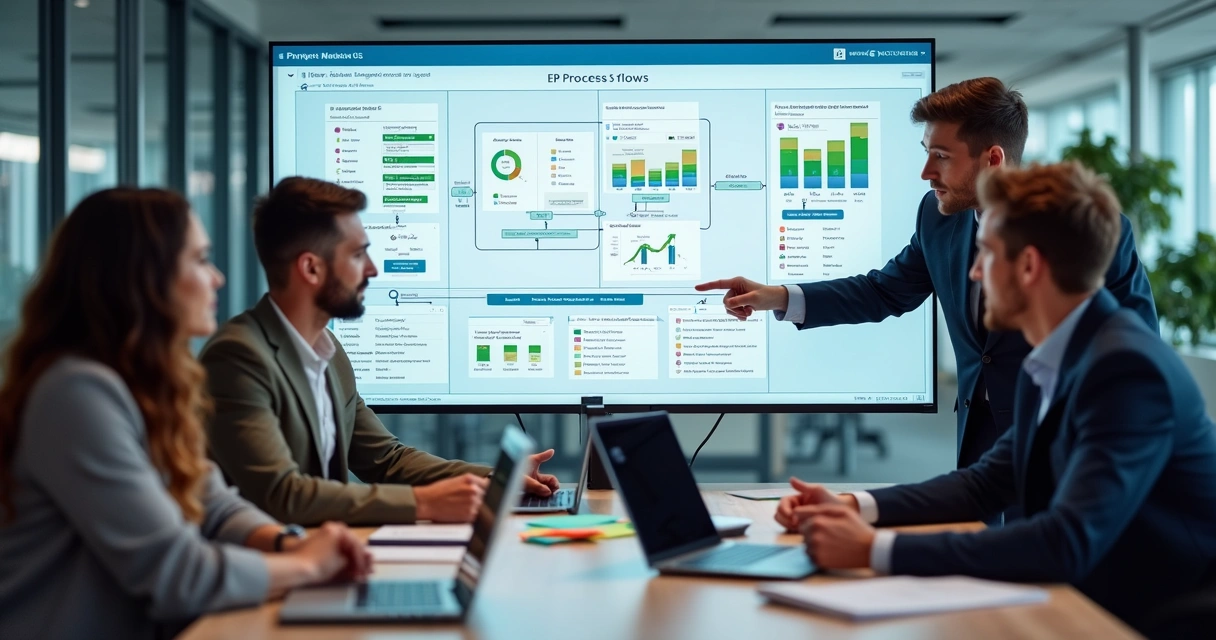 Equipe de escritório analisando fluxos de processos com monitor mostrando sistema ERP 