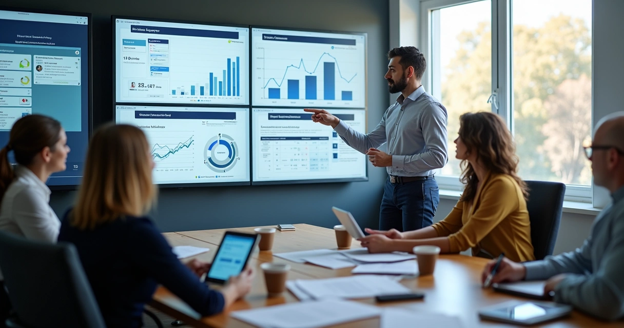 Equipe analisando processos imobiliários e dados em telas digitais 