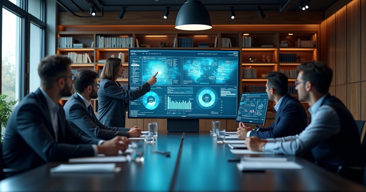 Advogados em sala moderna com múltiplos monitores e gráficos digitais 