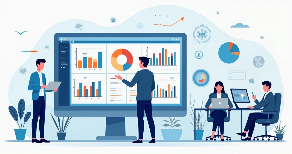 Gestor de PME analisando gráficos digitais com dados de desempenho em uma tela 