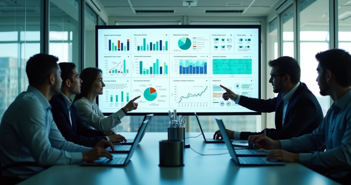 Equipe analisando dashboards digitais em ambiente empresarial 