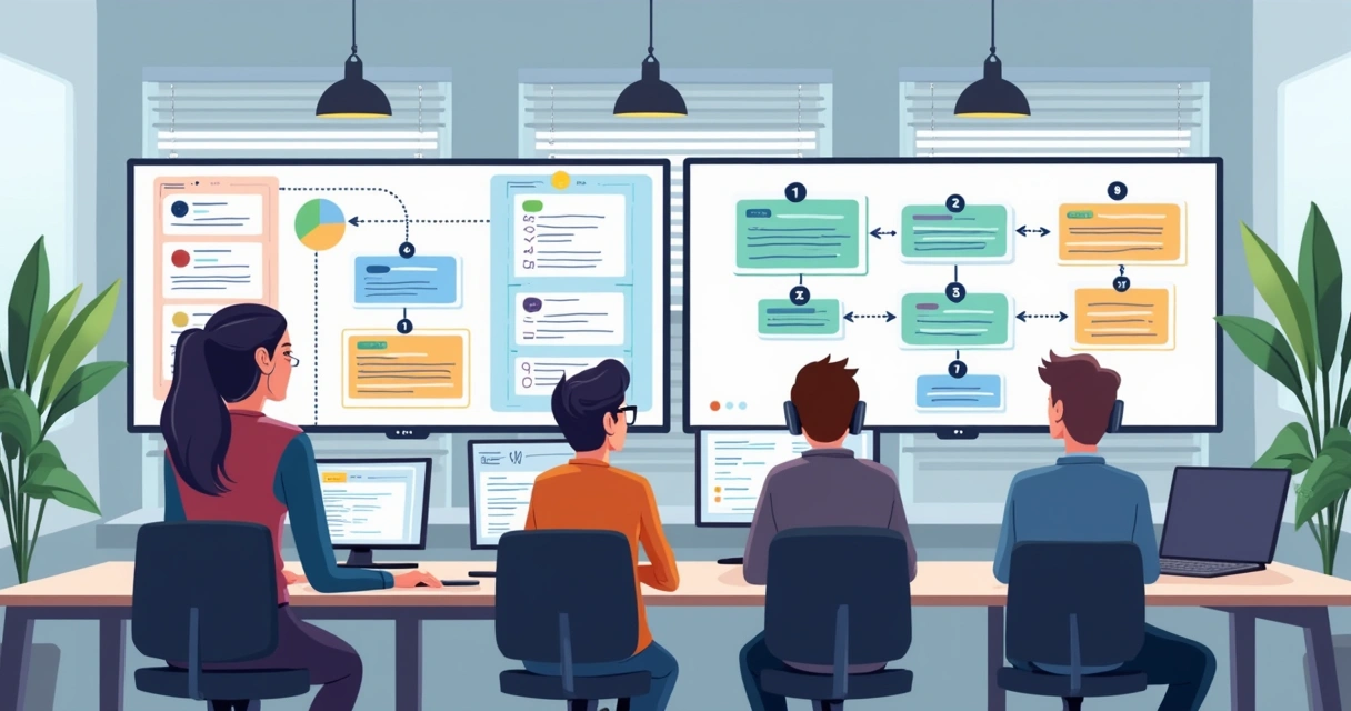 Fluxo de trabalho em equipe de TI com ferramentas integradas 