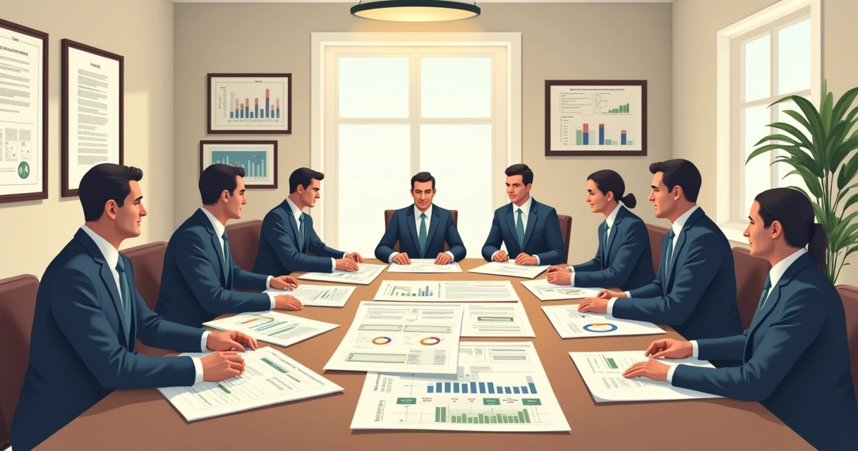 Sala de reunião formal com diretores analisando gráficos e relatórios impressos 