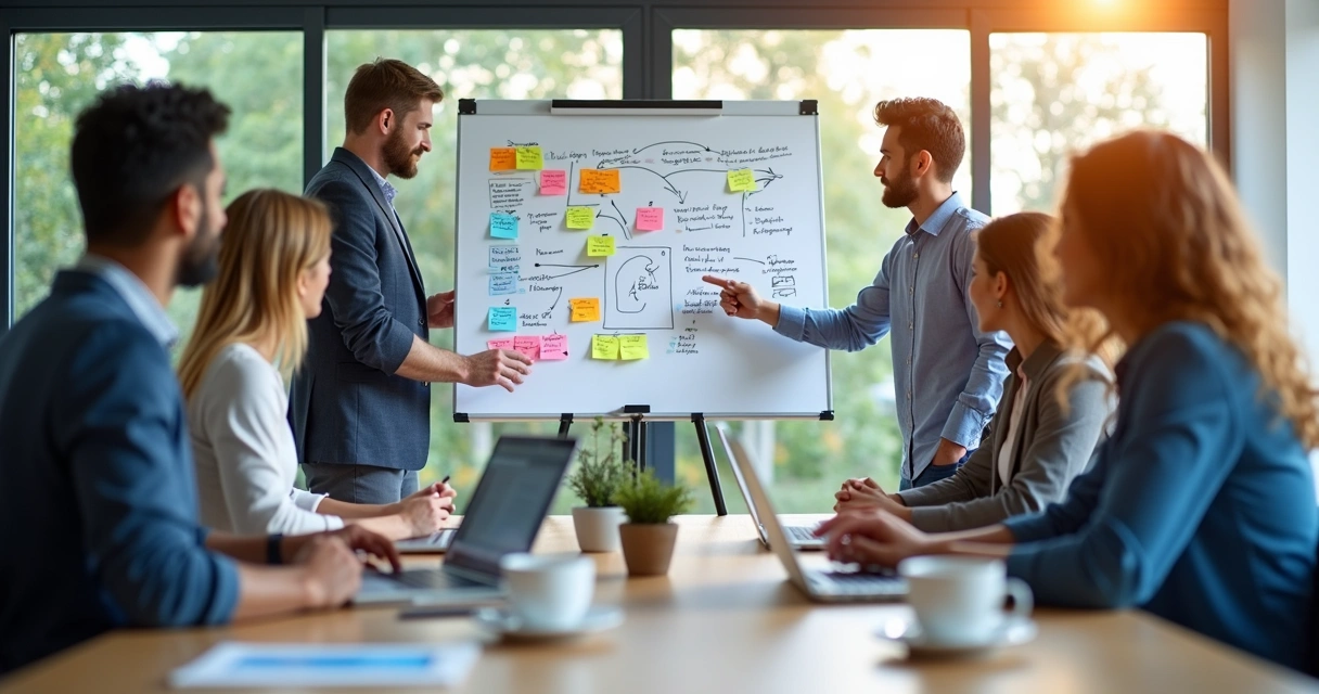 Equipe reúne-se para desenhar processo de vendas em quadro branco