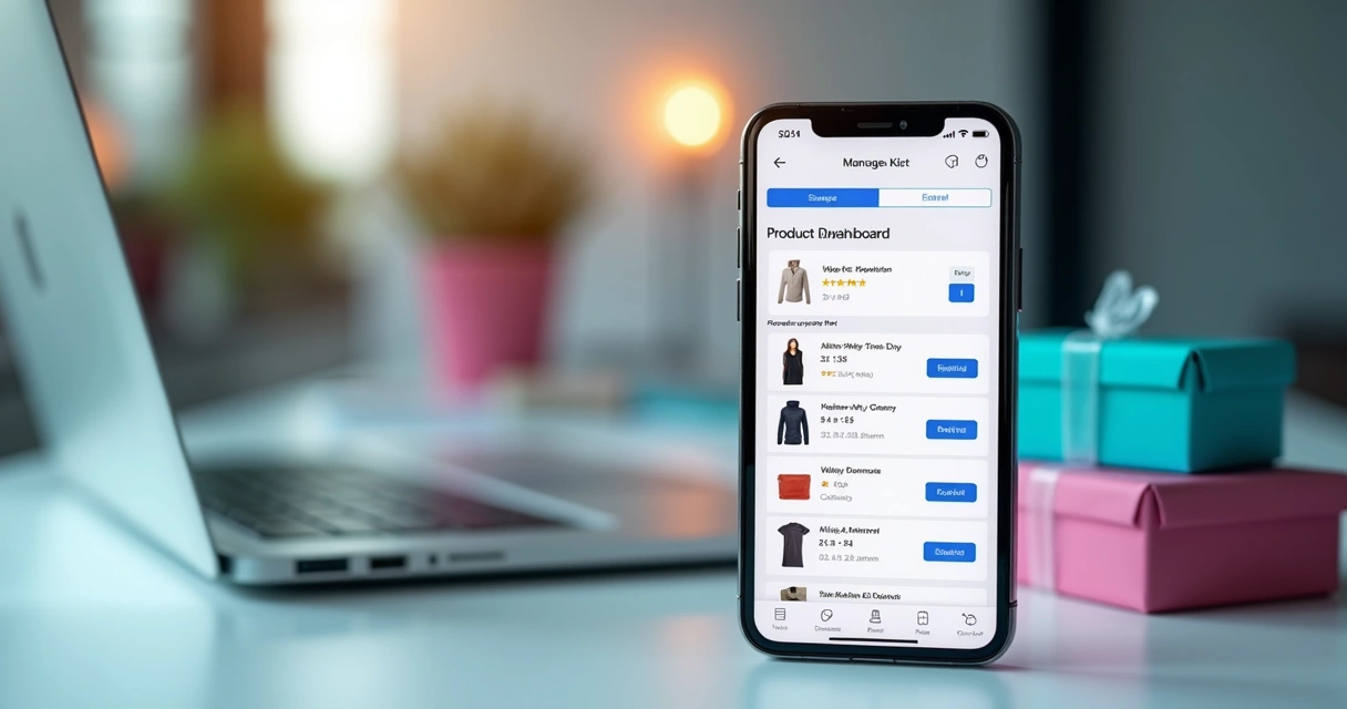 Tela de gestão de produtos em celular ao lado de embalagens 
