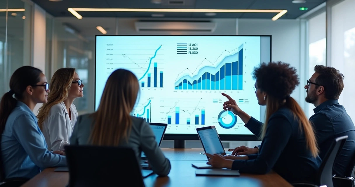 Ambiente de trabalho moderno com equipe analisando dados de campanhas de mídia paga em telas ultrawide 