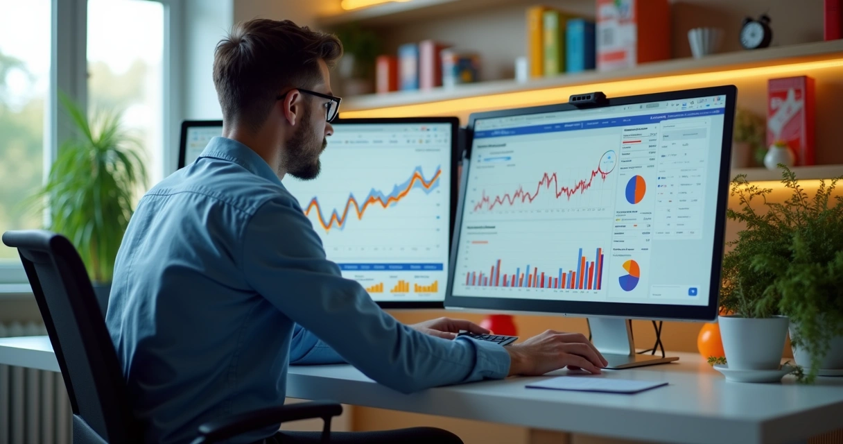 Gestor de e-commerce analisando dados em tela com gráficos e loja virtual 
