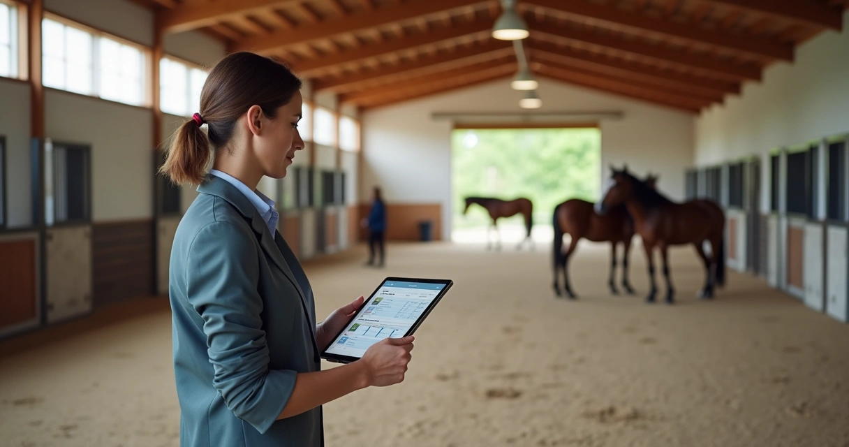 Gestor equestre usando tablet para controlar agenda e cuidados dos cavalos em centro equestre moderno 