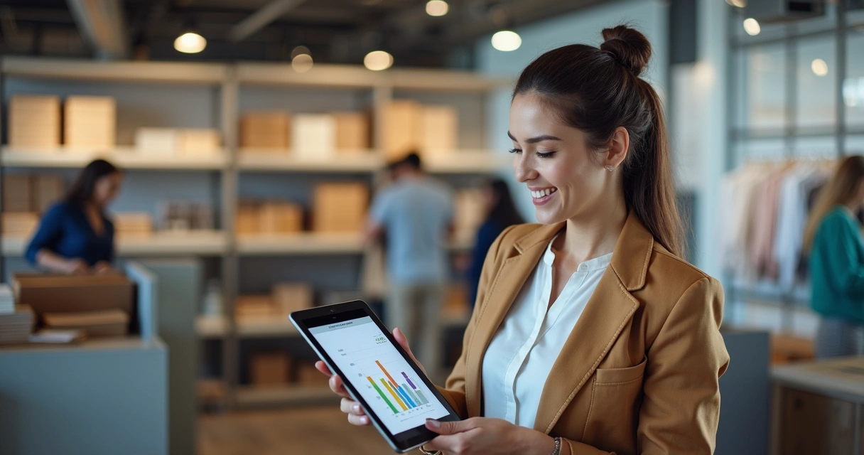 Pequena empresária sorrindo analisando gráficos crescentes em tablet enquanto observa funcionários ao fundo em loja organizada 