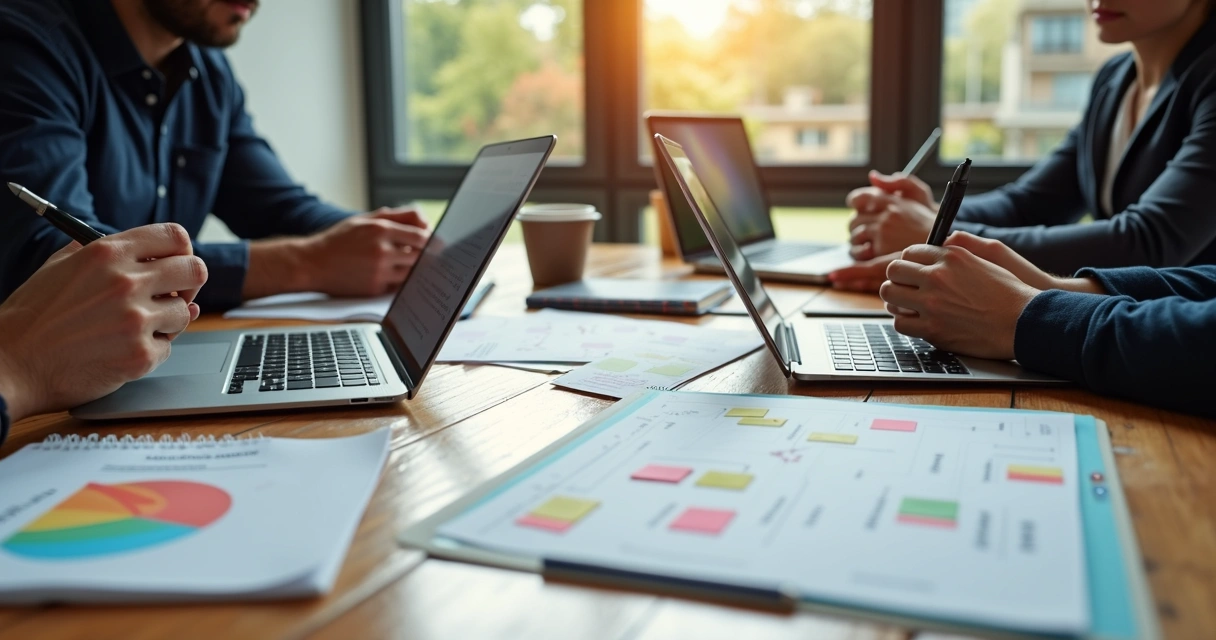 Mesa de trabalho com notebook aberto mostrando quadro Kanban digital, post-its coloridos, e equipe colaborando em planejamento de projetos 