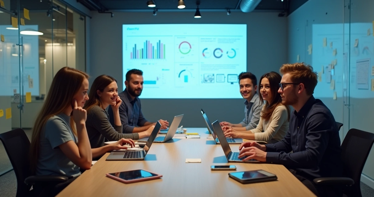 Equipe reunida em volta de uma mesa com computadores e dashboards de projetos 