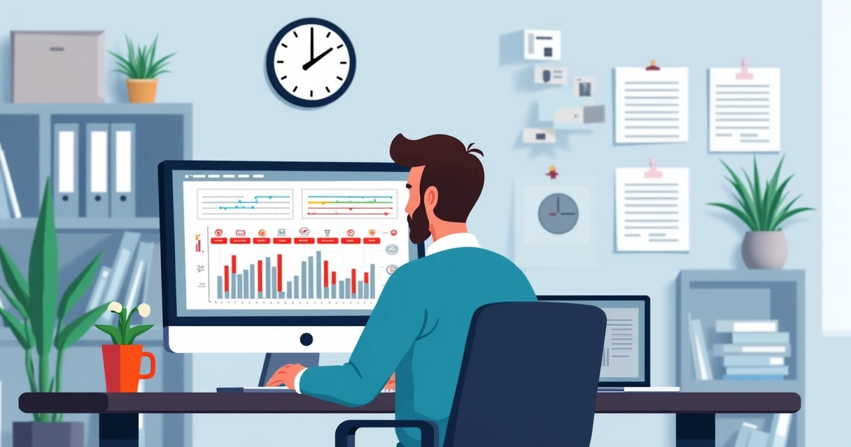 Ilustração flat corporativa mostrando gestor de projeto analisando cronograma atrasado no computador com gráficos de atraso ao fundo e ambiente de escritório moderno com cores sóbrias e detalhes em azul 