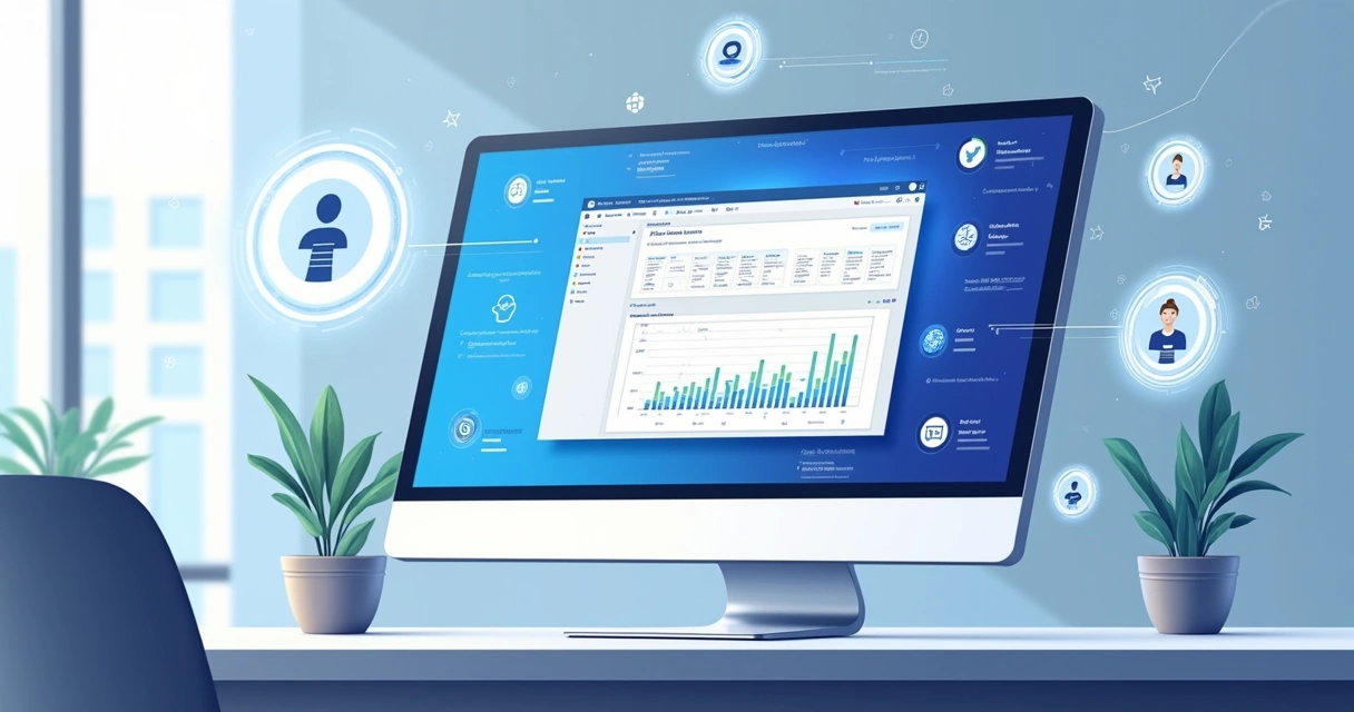 Ilustração corporativa mostrando tela do MS Project com interface digital e ícones de inteligência artificial automatizando tarefas. 