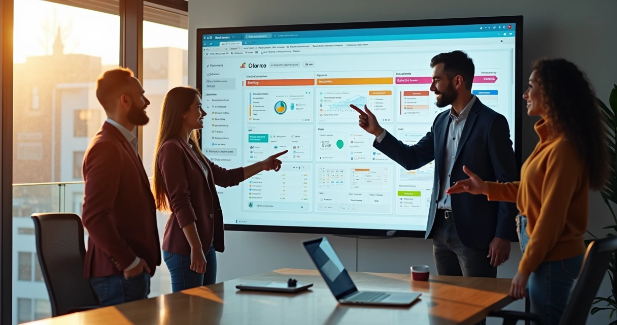 Equipe utilizando quadro kanban digital para gestão de projetos 