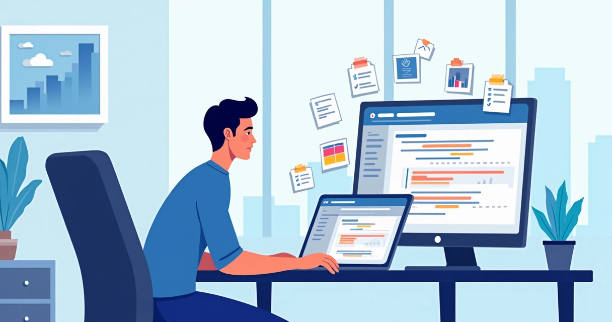 Ilustração corporativa com pessoa usando computador mostrando o Microsoft Project aberto na tela e documentos digitais ao redor 