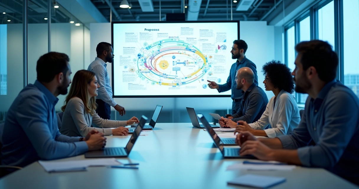 Equipe de projeto reunida analisando fluxograma digital em tela grande 