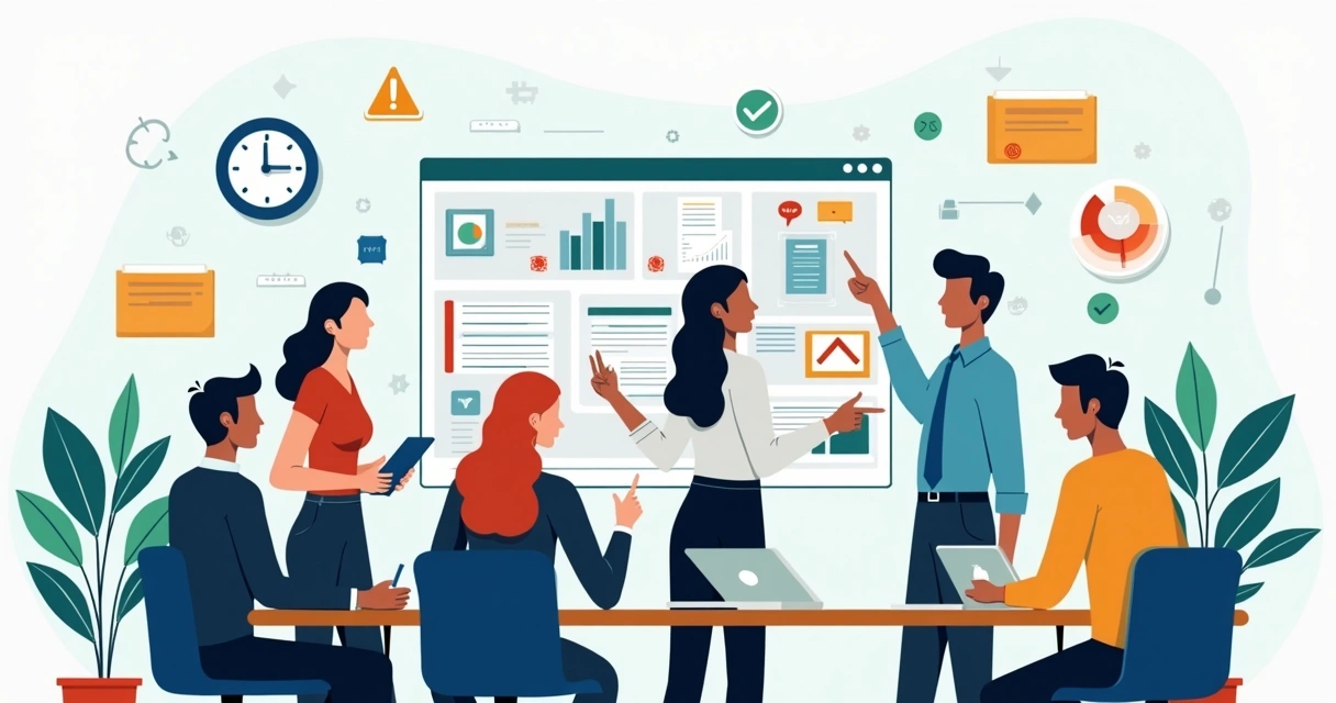 Ilustração corporativa de equipe em reunião discutindo gestão de projetos com erros destacados e elementos gráficos de tarefas e cronogramas 